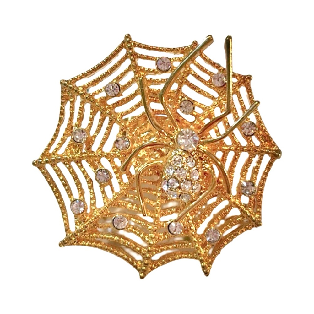 Spider‎ on Spiderweb Ring Gold and Crystal Statement Gothic Halloween